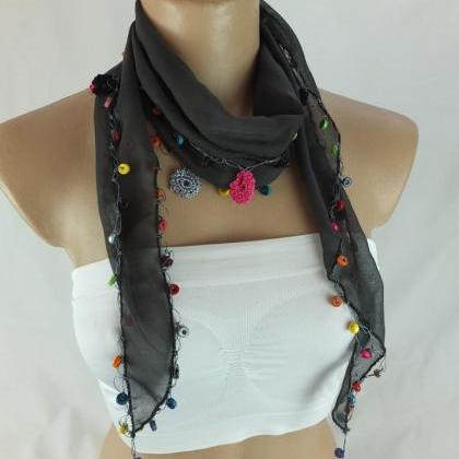 Cotton Scarf With Crochet Flower Edges ,smoky..