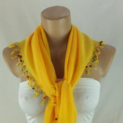 Dark Yellow Scarf With Cyrstal Beads, Square Head..