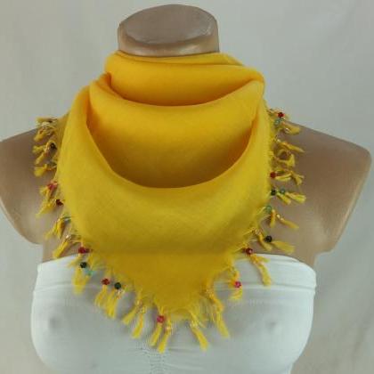 Dark Yellow Scarf With Cyrstal Beads, Square Head..