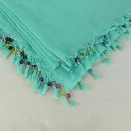 Mint Green Scarf With Cyrstal Beads, Square Head..