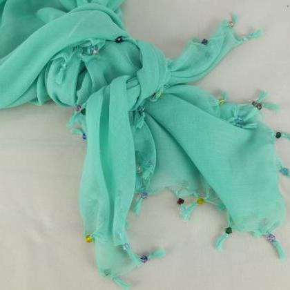 Mint Green Scarf With Cyrstal Beads, Square Head..