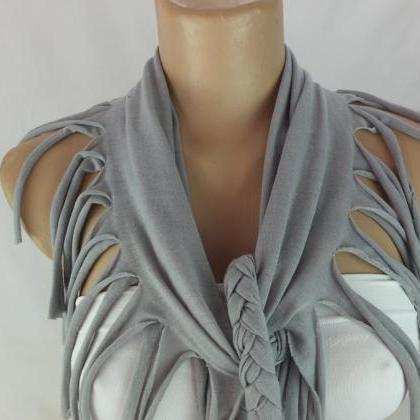 Gray tshirt scarf with braided edge..