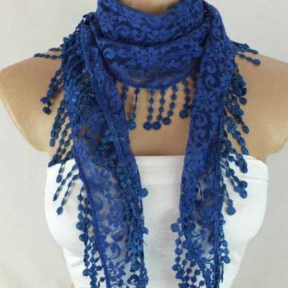 Dark Blue Lace Scarf , Cowl With Lace Trim,summer..