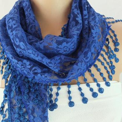 Dark Blue Lace Scarf , Cowl With Lace Trim,summer..