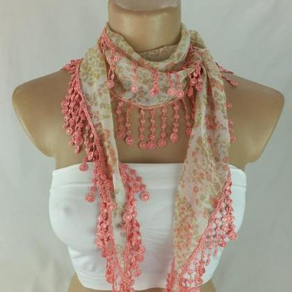 Pinkish Floral Scarf, Cowl With Lace..