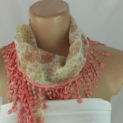 Pinkish Floral Scarf, Cowl With Lace..