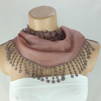 Cotton Scarf, Fringed Scarfcowl With Lace..