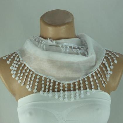 White fringed scarf, cotton scarf, ..