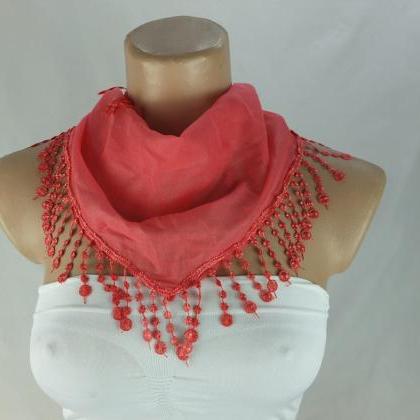 Coral Red Cotton Scarf, Cowl With Polyester..