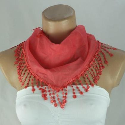 Coral Red Cotton Scarf, Cowl With Polyester..