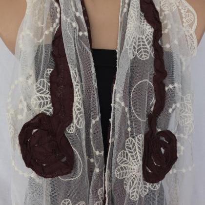 Rose Scarf Shawl, Tulle And Cotton Scarf, Brown..
