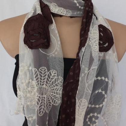 Rose Scarf Shawl, Tulle And Cotton Scarf, Brown..