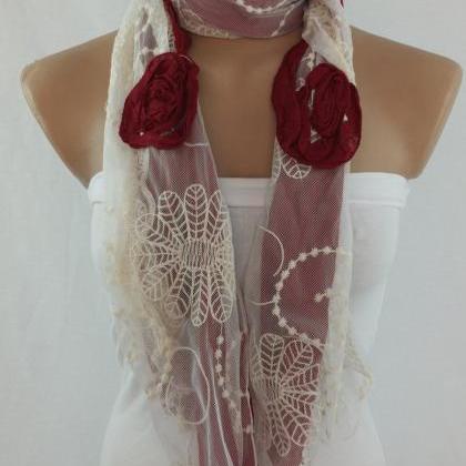 Deep Wine And Cream Scarf/shawl, Tulle And Cotton..