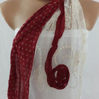 Deep Wine And Cream Scarf/shawl, Tulle And Cotton..