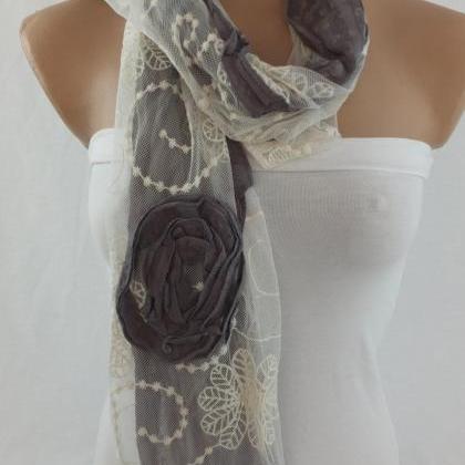 Gray Rose Scarf, Embroidery Tulle And Cotton..