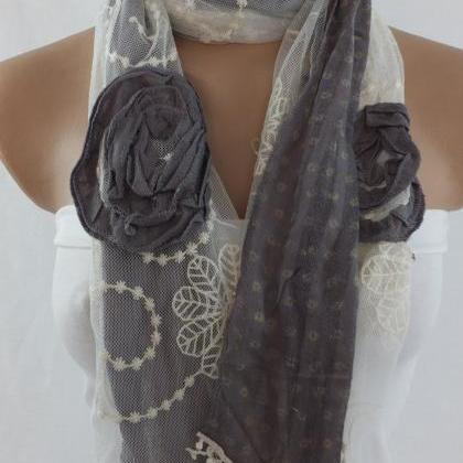 Gray Rose Scarf, Embroidery Tulle And Cotton..