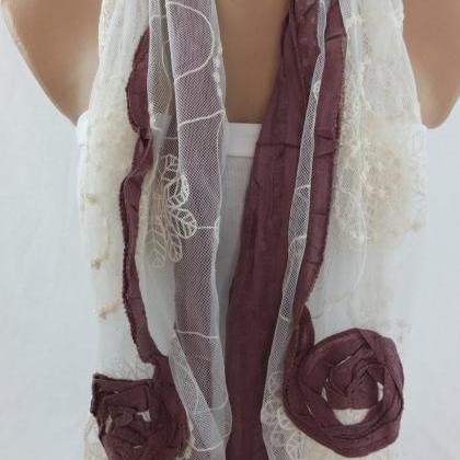 Cinnamon Rose Scarf, Embroidery Tulle And Cotton..