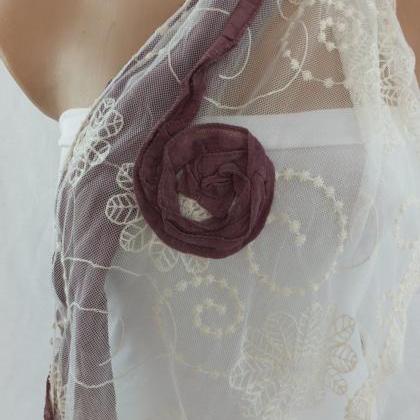 Cinnamon Rose Scarf, Embroidery Tulle And Cotton..