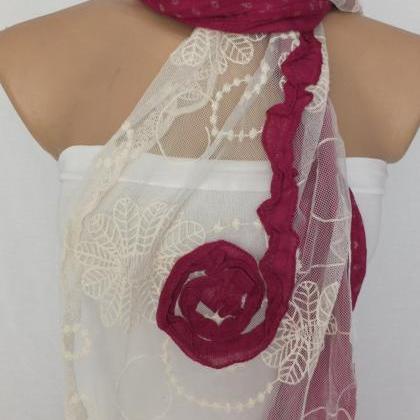 Burgundy Rose Scarf, Tulle And Cotton Scarf,..