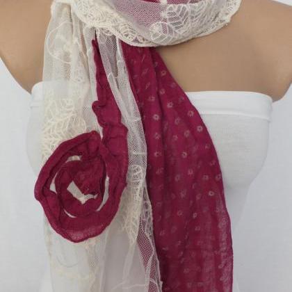 Burgundy Rose Scarf, Tulle And Cotton Scarf,..