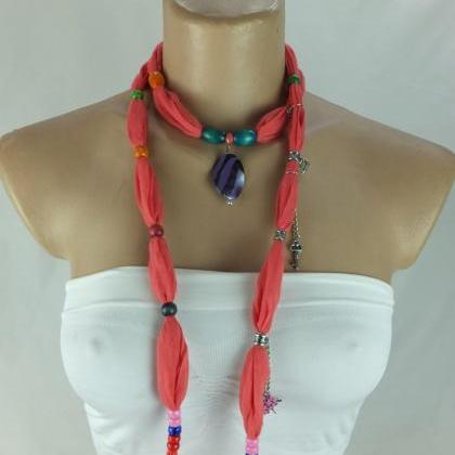 Coral Red Scarf Necklace ,beaded Scarf, Lariat..