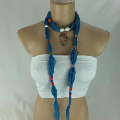 Blue Scarf Necklace ,beaded Necklace, Lariat..