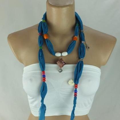 Blue Scarf Necklace ,beaded Necklace, Lariat..