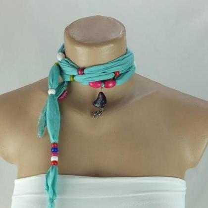 Mint Green Scarf Necklace ,beaded Necklace, Lariat..