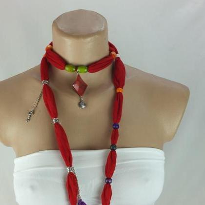 Red Scarf Necklace ,beaded Necklace, Lariat..