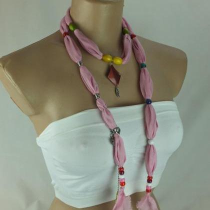 Pale Pink Scarf Necklace ,beaded Necklace, Lariat..
