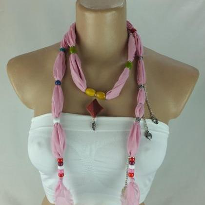 Pale Pink Scarf Necklace ,beaded Necklace, Lariat..