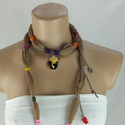 Tan Scarf Necklace ,beaded Necklace, Lariat..