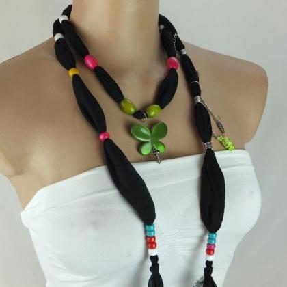 Black Scarf Necklace ,beaded Necklace, Lariat..