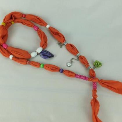 Burnt Orange Scarf Necklace ,beaded Necklace,..
