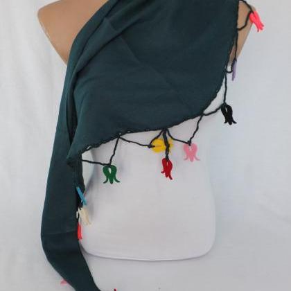 Forest Green Pashmina Shawl , Scarf With Felt..