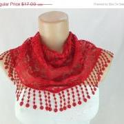 Dark Red lace scarf , cowl with lace trim,summer scarf, neck scarf, foulard,scarflette,bandana