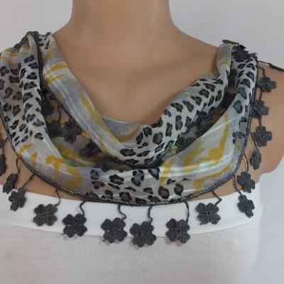 Gray-yellow chiffon scarf, woman fashion scarf, cowl with lace trim,women accessory,neckwarmer, scarf necklace, foulard,scarfl