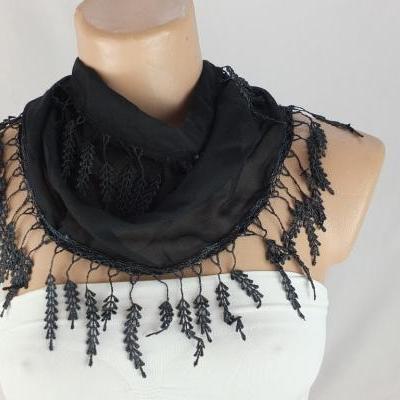 Black cotton scarf, cowl with trim,women accessory,neck scarf,neckwarmer, scarf necklace,red foulard,scarflette, gift
