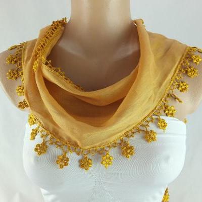 Ochre yellow scarf, fringed cotton scarf , cowl with lace flower trim,neckwarmer, scarf necklace, bridesmate gift, foulard,scarflette,
