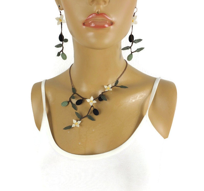 Needle Lace Black Olive Neecklace And Earring Set, Turkish Oya Crochet Jewelry, Unique Boho Jewelry