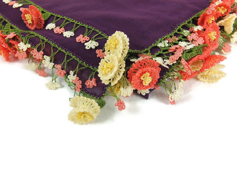 Purple Turkish Oya Scarf, Crochet Edges, Turban Headwrap, Boho Tribal Gypsy, Muslim Head Scarf, Otantic Scarf, Gift For Mother