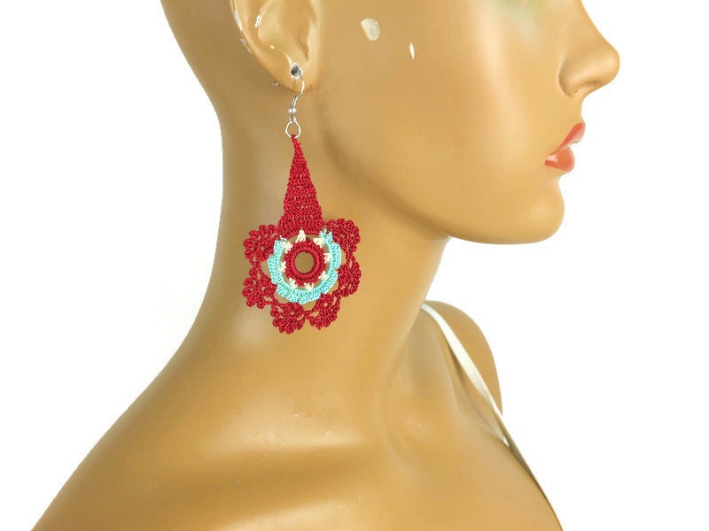 Colorful Crochet Earrings, Oya Lace Earrings, Crochet Jewelry, Fun Jewelry, Boho Hippie Jewelry , Gift For Her, Unique boho Earrings
