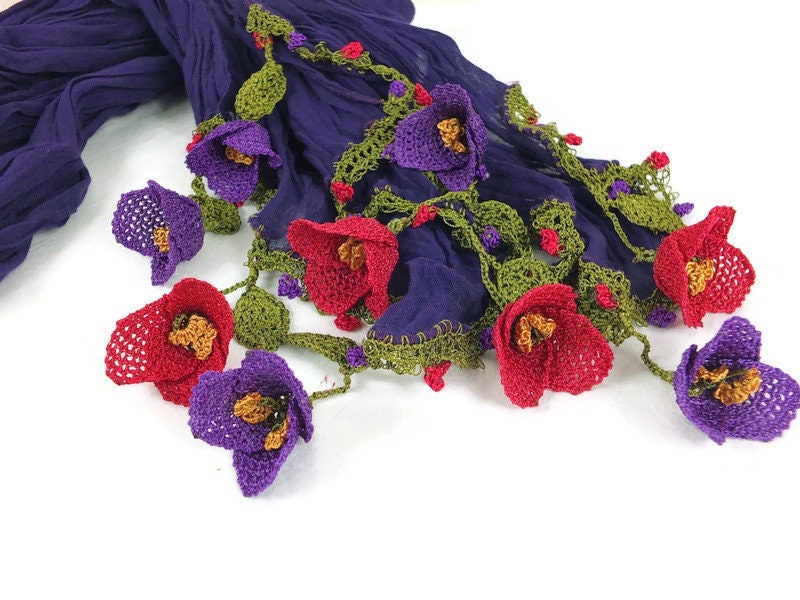 Floral Hair Scarf, Hair Scarf For Women, Turkish Oya Thread Cotton Crochet Scarf, Head Coverings Designer Scarf, Turkish, Purple Scarf