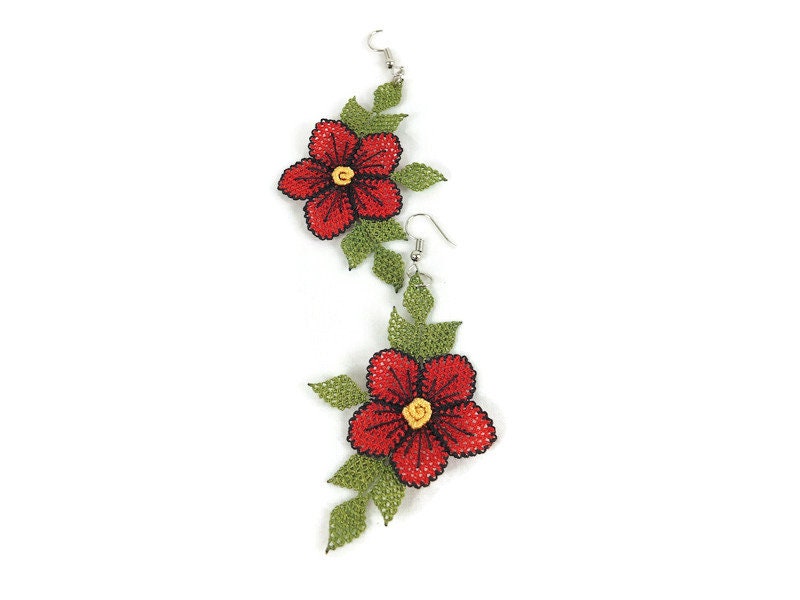  Red flower Earrings ,Turkish Oya Earrings, Needle Lace Floral Earrings, Long Dangle Crochet earrings , Unique Boho Earrings