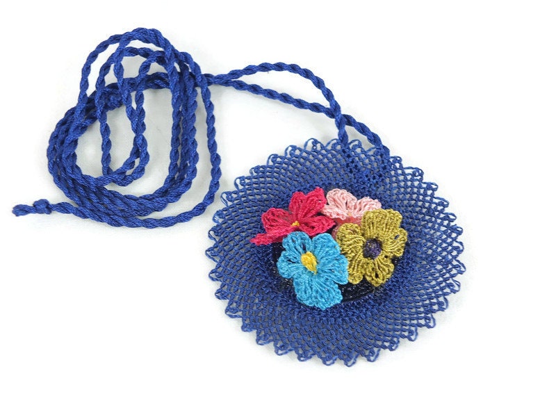 Sax Blue Crochet Necklace with Flowers, Turkish Oya Jewelry, Crochet Jewelry , Flower Necklace, Medallion Pendant, Floral Jewelry,