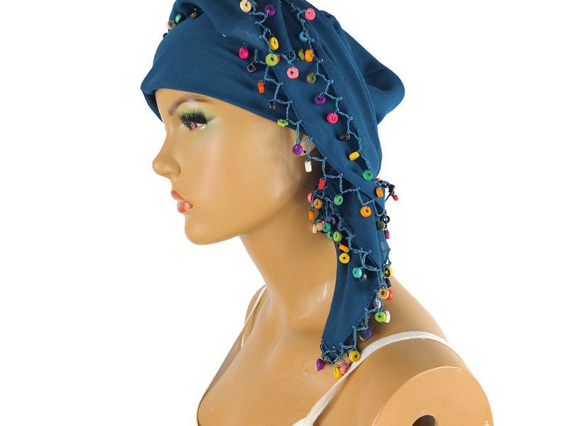 Dark Green Scarf With Bead Crochet Edges - Soft Square Headscarf - Turban Headwrap, Turkish Oya Scarf