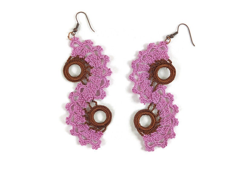 Pink and Brown Spiral Earrings, Long Dangle Earrings , Crochet Lace Earrings, Turkish Oya ,Statement Crochet Jewelry, gift For Her
