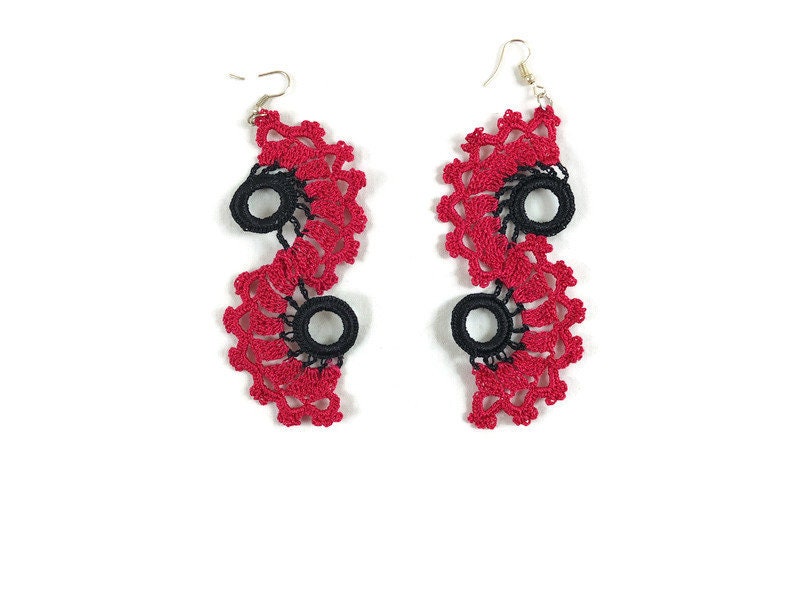 Hot Pink And Black Spiral Earrings, Long Dangle Earrings , Crochet Lace Earrings, Turkish Oya ,statement Crochet Jewelry, Gift For Her