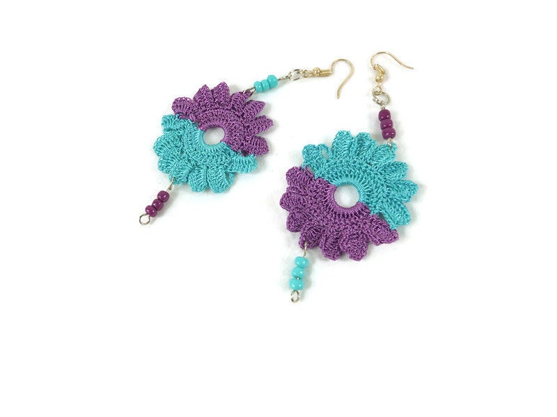 Purple and Blue Flower Earrings , Crochet Earrings, Crochet Jewelry, Dangle Earrings, Boho Hippie Jewelry , Spring Summer Jewelry