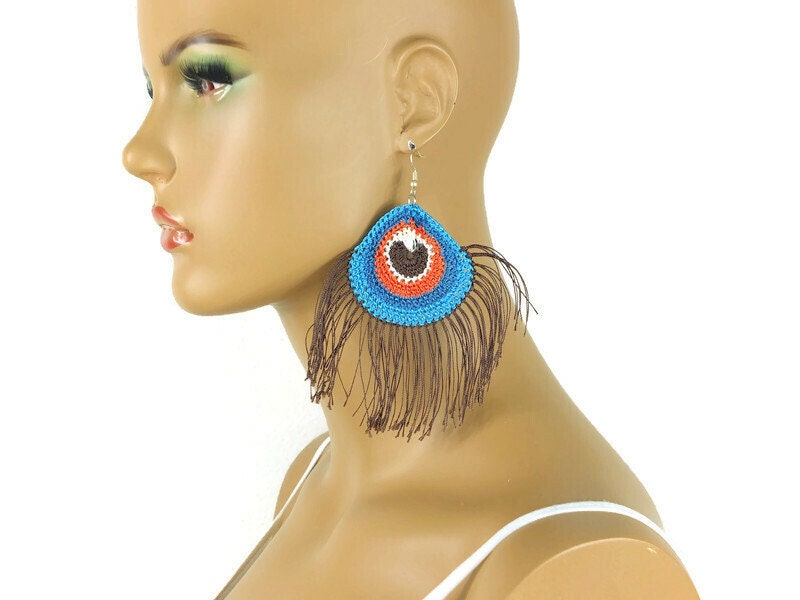 Crochet Earrings, Simple Boho Earrings Peacock Feathers Bird Watcher Gift, Hippie Novelty Earrings, Small Gifts For Friends, Cool Earrings